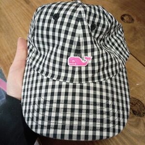Vineyard Vines Black and White Checkered Hat with Pink Whale